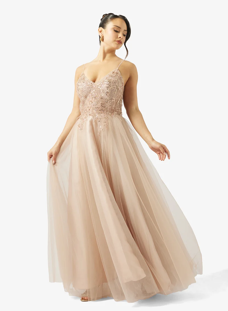 Ginger Boutique Floral Embellished Corset Bodice Tulle Gown